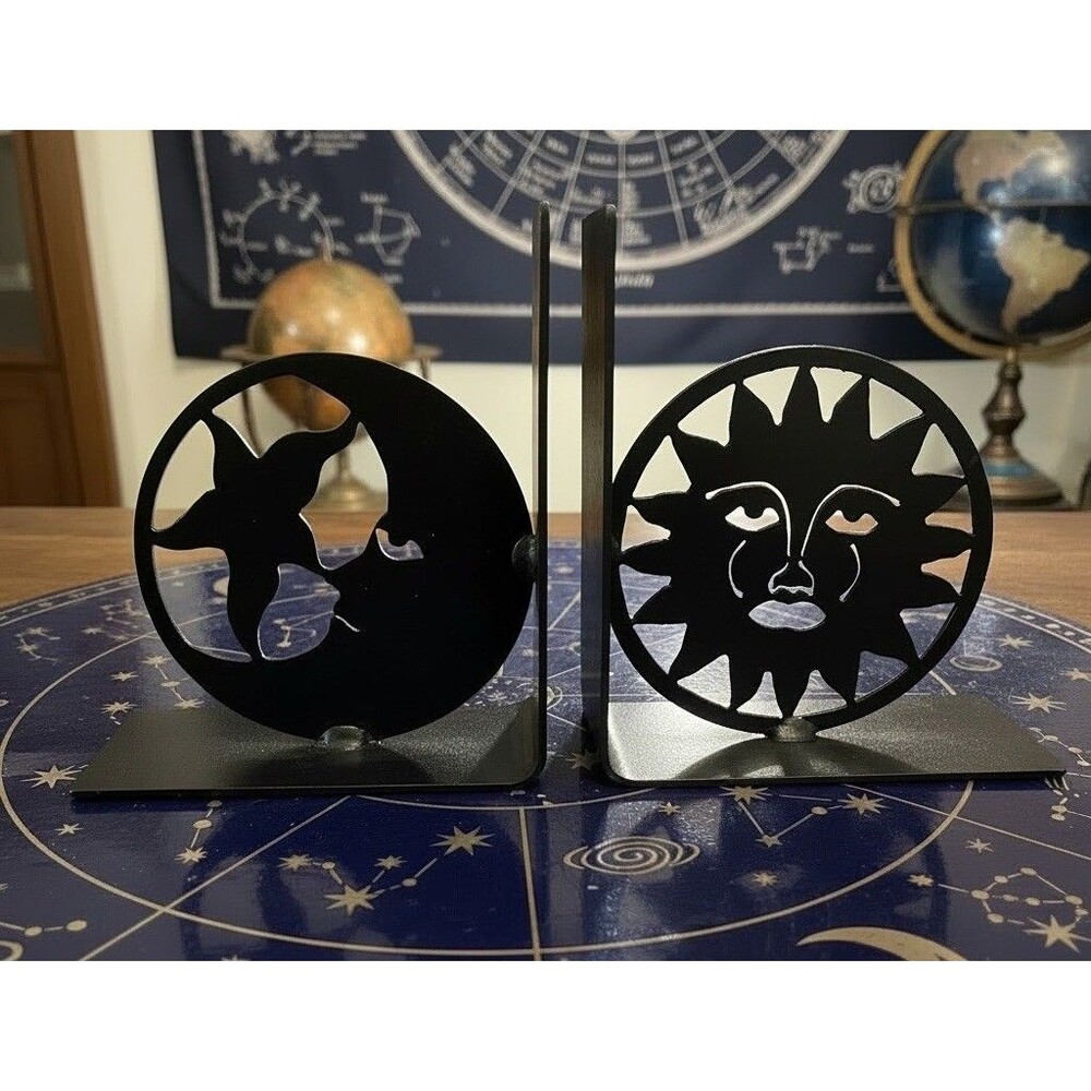 Heavy Metal Sun Moon Bookends 8.25” Celestial Face Shelf Decor Vintage Cosmic